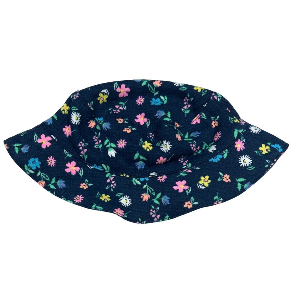 Girls Navy Blue Floral Bucket Sun Hat with Chin Strap Size 18M